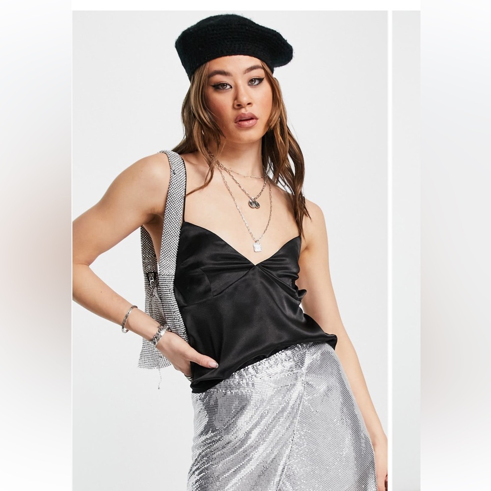 Topshop tie black satin camisole top size 6 NWT